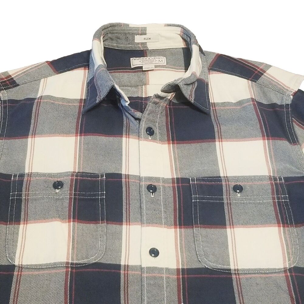 Wallace & Barnes Flannel Shirt Men's Size Medium Blue Red White Plaid Slim Fit